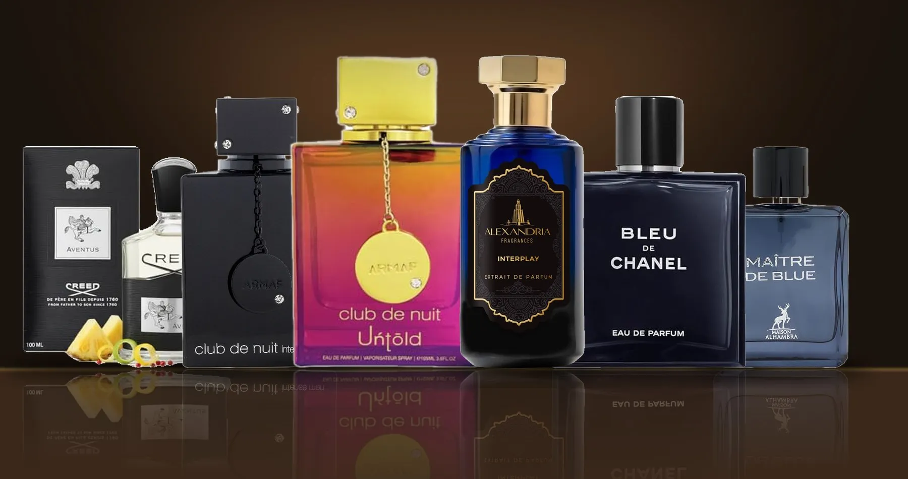 Six bottles from the catalogue on a dark counter: designer and niche fragrances beside the cheaper bottles rated close to them